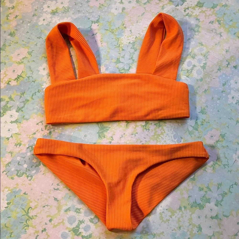 Frankie's Bikinis |‎ Sofia Orange Ribbed Bikini Top/XS Bottom/Small Beach Resort